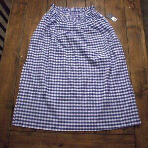 Universal Thread Blue Gingham Stretch Waist M Maxi Skirt, side slits, semi sheer